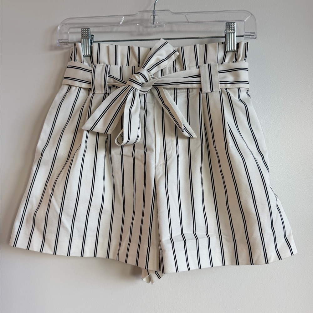 Zara Striped Paperbag Waist Shorts with Tie Belt - White/Black